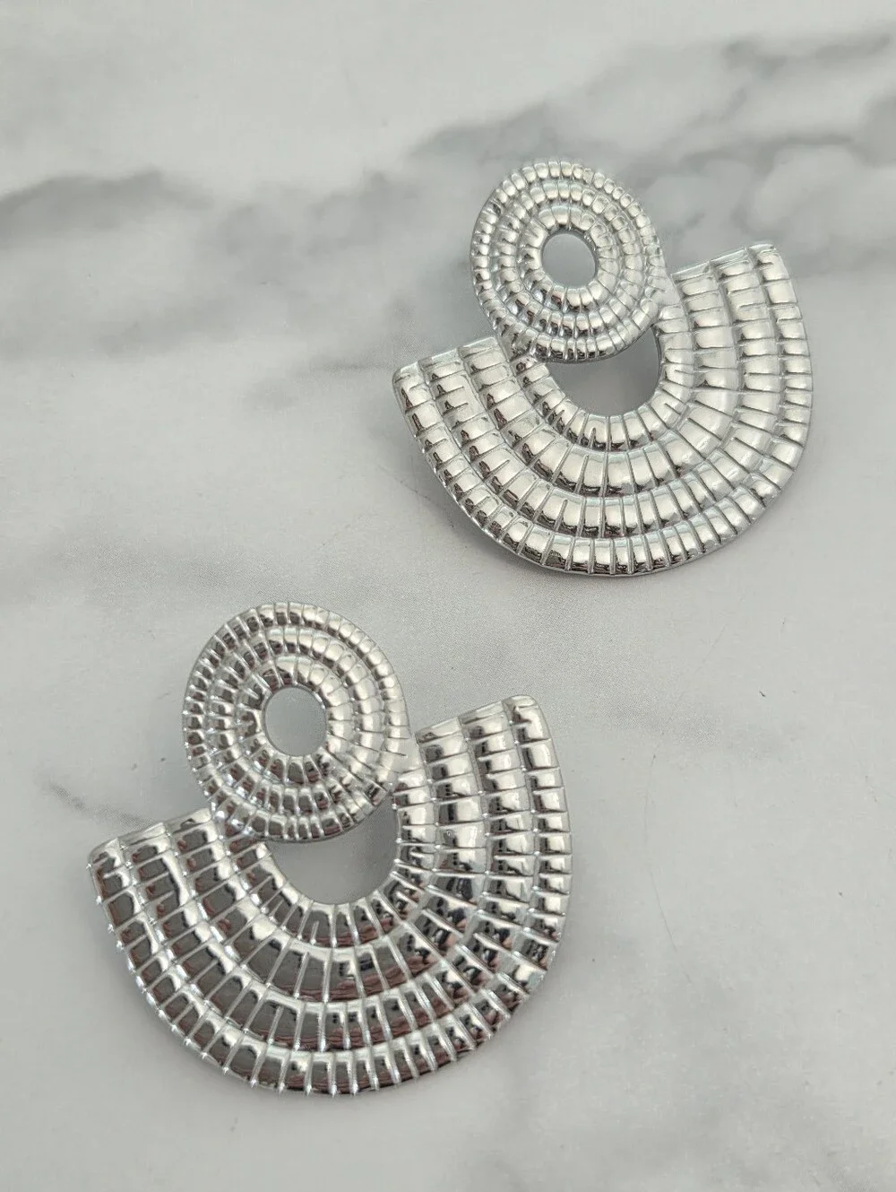 Stainless Steel Silver Textured Fan Dangle Earrings - Picture 7 of 14